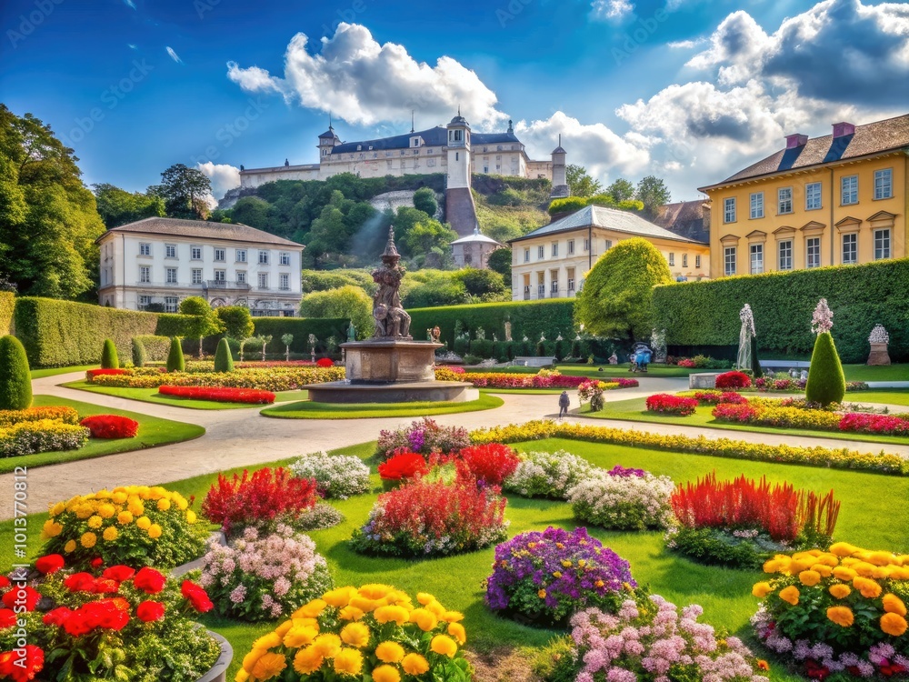 Obraz premium Stunning Views of Mirabell Gardens in Austria with Colorful Flowers and Historic Architecture