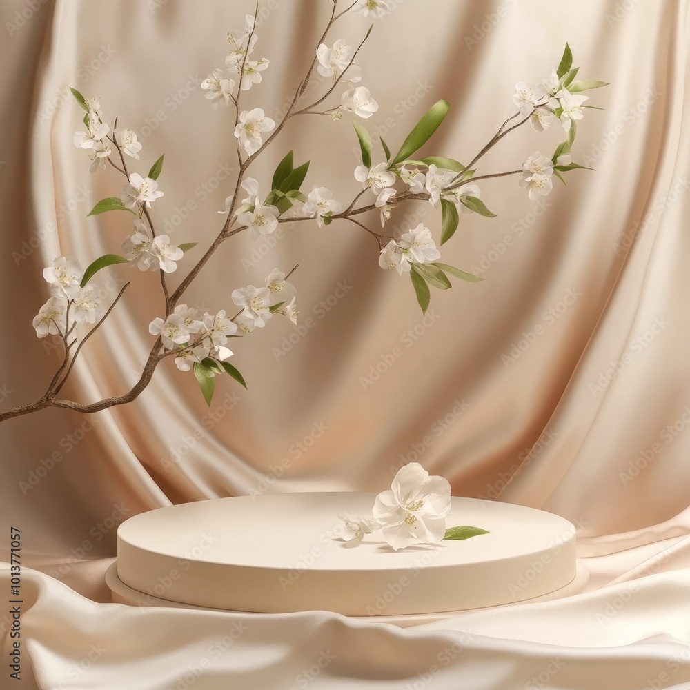 Cherry blossom background with white flowers and podium for product presentation Cherry blossom background with white flowers and podium for product presentation