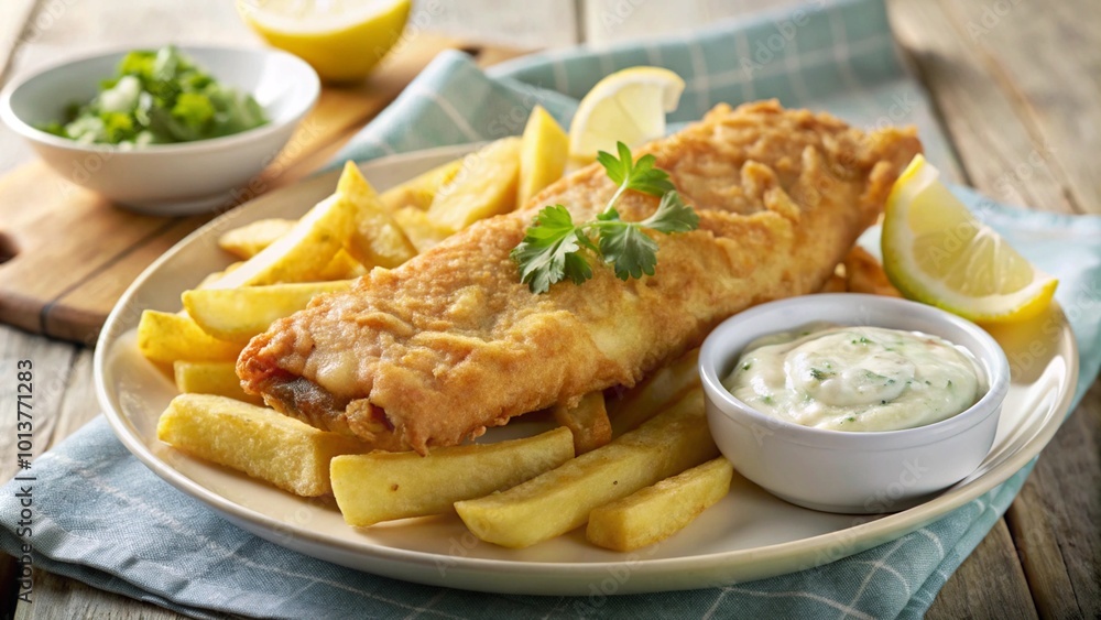 A plate of crispy fried fish and chips, served with lemon wedges, tartar sauce, and parsley. A plate of crispy fried fish and chips, served with lemon wedges, tartar sauce, and parsley.