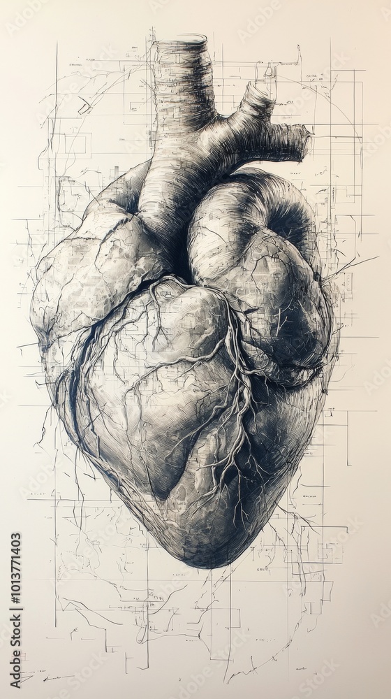Heart drawn in pencil on a paper sheet, medical illustration Heart drawn in pencil on a paper sheet, medical illustration