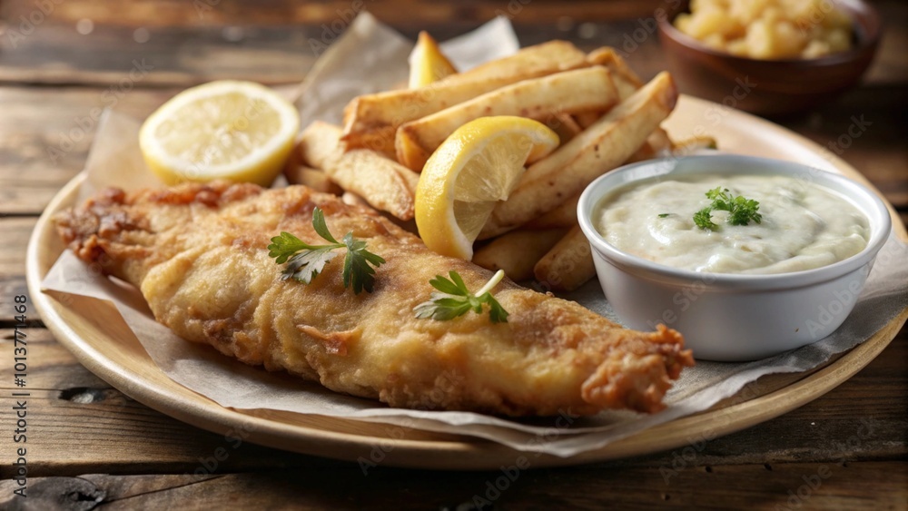 A plate of crispy fish and chips with tartar sauce and lemon wedges on a wooden table. A plate of crispy fish and chips with tartar sauce and lemon wedges on a wooden table.