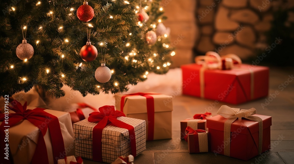 Christmas setting featuring a beautifully adorned tree with sparkling lights and wrapped presents. Christmas setting featuring a beautifully adorned tree with sparkling lights and wrapped presents.