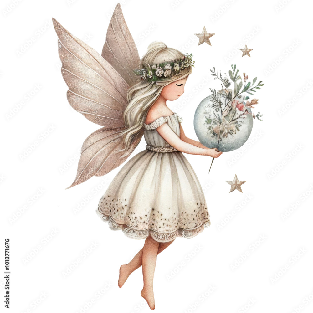 Fototapeta premium Fairy girl with wings wearing pastel dress. Watercolor illustration isolated on transparent background.