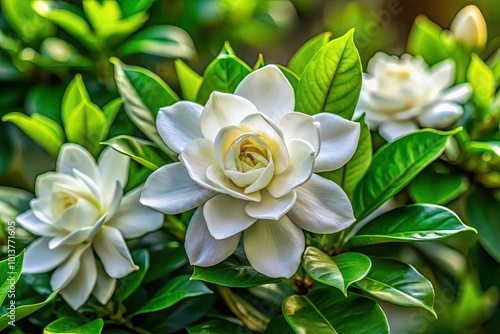 The beautiful gardenia sootepensis features delicate white blooms amidst rich green foliage, illustrating natureâ€™s artistry and evoking a sense of peace and harmony all around. photo