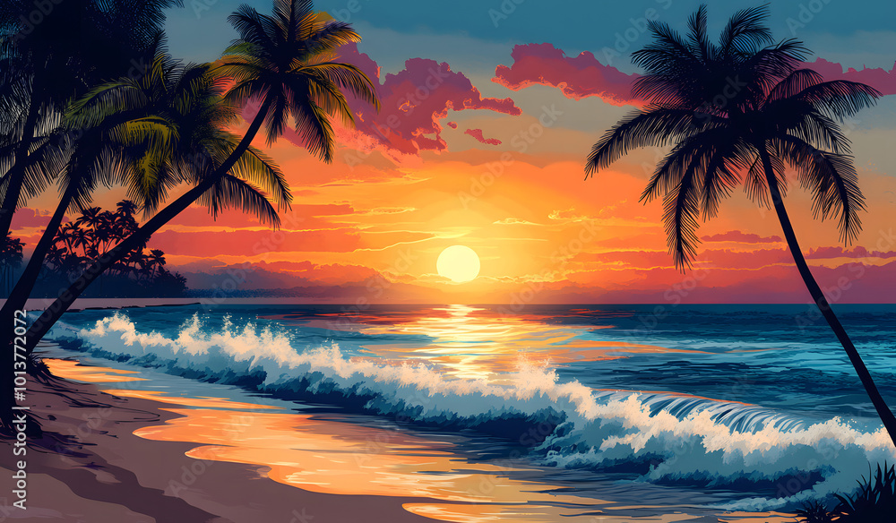 Tropical Sunset Over a Serene Beach Landscape with Palm Trees Tropical Sunset Over a Serene Beach Landscape with Palm Trees