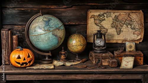 Rustic Wooden Table with Antique Globe and Maps