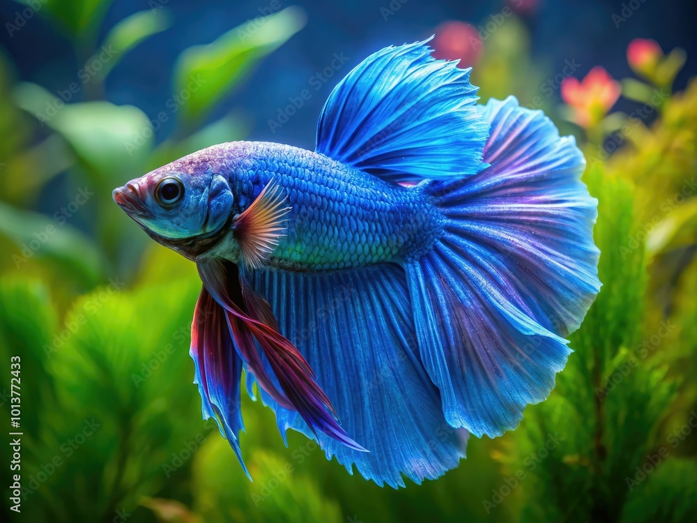 The striking blue halfmoon betta fish swims gracefully in a dynamic aquatic setting, its radiant hues beautifully contrasting the lively underwater environment. The striking blue halfmoon betta fish swims gracefully in a dynamic aquatic setting, its radiant hues beautifully contrasting the lively underwater environment.