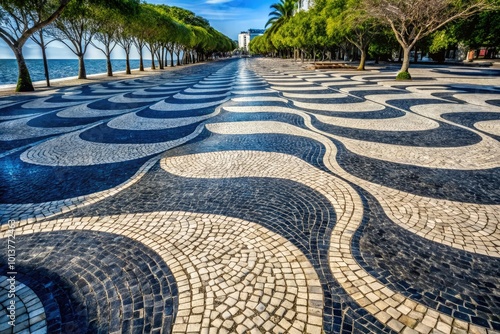 The stunning mosaic of Copacabana features intricate black and white waves, creating a visually striking sidewalk pattern that celebrates the beauty of coastal design. photo