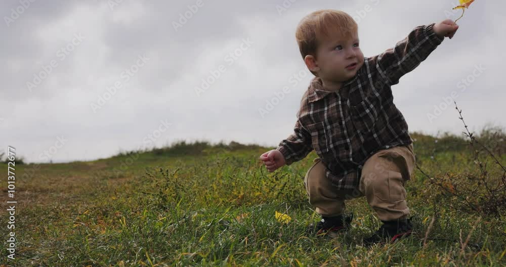 Slow motion, a boy holding an autumn yellow leaf at the nature Slow motion, a boy holding an autumn yellow leaf at the nature