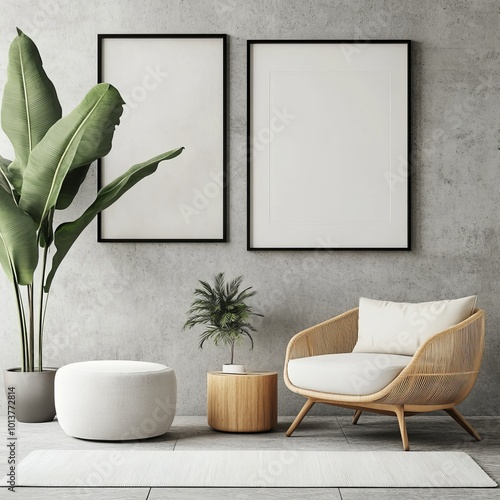 A modern seating area featuring plants, minimalist style decor, soft wood elements, creating a calming and elegant ambiance. photo