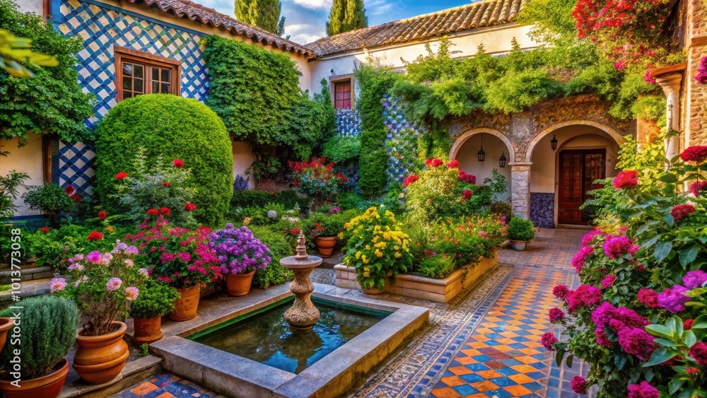 This charming Spanish garden boasts abundant plants, vibrant tiles, and peaceful outdoor settings, offering a stunning blend of colors, textures, and serene nature experiences. This charming Spanish garden boasts abundant plants, vibrant tiles, and peaceful outdoor settings, offering a stunning blend of colors, textures, and serene nature experiences.