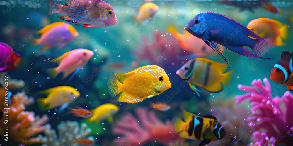 Fototapeta premium A colorful aquarium filled with vibrant fish swimming gracefully, on display at a pet store.