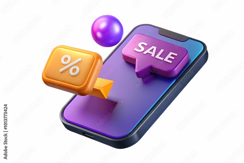 Floating Glowing Smartphone with Sale Notification Podium: Perfect Photo Stock Concept for Cyber Monday Mobile Shopping Promotion - Ample Copy Space