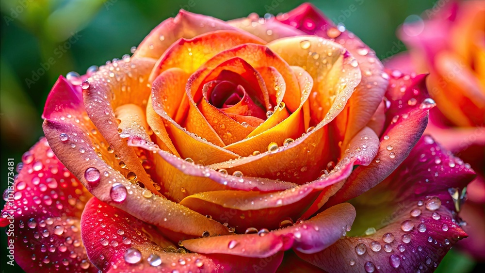 This exquisite close-up captures a vivid rose bloom embellished with glistening dew drops, contrasted beautifully against a softly blurred background that enhances its colors. This exquisite close-up captures a vivid rose bloom embellished with glistening dew drops, contrasted beautifully against a softly blurred background that enhances its colors.