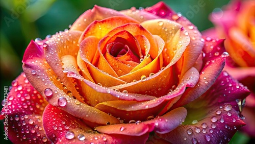 This exquisite close-up captures a vivid rose bloom embellished with glistening dew drops, contrasted beautifully against a softly blurred background that enhances its colors.