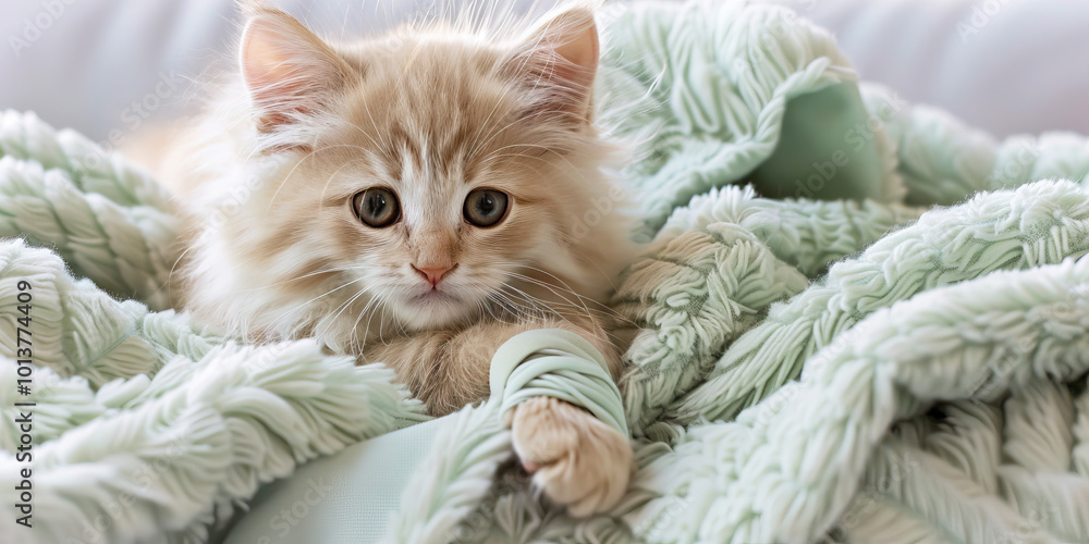 A close-up of a fluffy white kitten with a bandage around its paw, resting on a cozy throw blanket in shades of mint green. A close-up of a fluffy white kitten with a bandage around its paw, resting on a cozy throw blanket in shades of mint green.