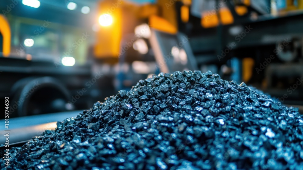 Cobalt and nickel raw materials piled in preparation for battery manufacturing, industrial machinery slightly blurred in the background. Cobalt and nickel raw materials piled in preparation for battery manufacturing, industrial machinery slightly blurred in the background.