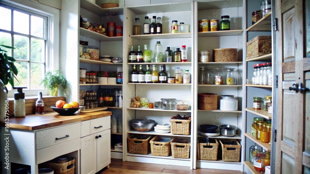 A well-organized pantry with shelves stocked with various food items, jars, and baskets. A well-organized pantry with shelves stocked with various food items, jars, and baskets.