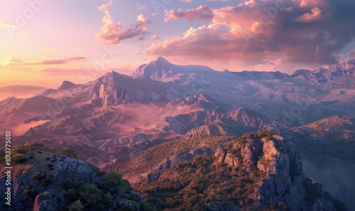 ajestic mountain range bathed in the hues of dawn's first light, 4K hyperrealistic photo photo