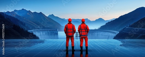 Two workers in orange safety gear stand overlooking a vast body of water and mountains, highlighting teamwork and industry in a serene environment.