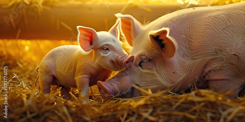 A young piglet nuzzling against its mother in a straw-lined pen, surrounded by warm shades of yellow and orange. photo