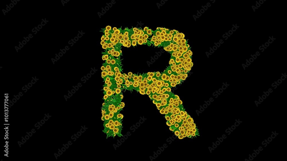 Beautiful illustration of English alphabet R with green leaves and yellow daisy flowers on plain black background Beautiful illustration of English alphabet R with green leaves and yellow daisy flowers on plain black background