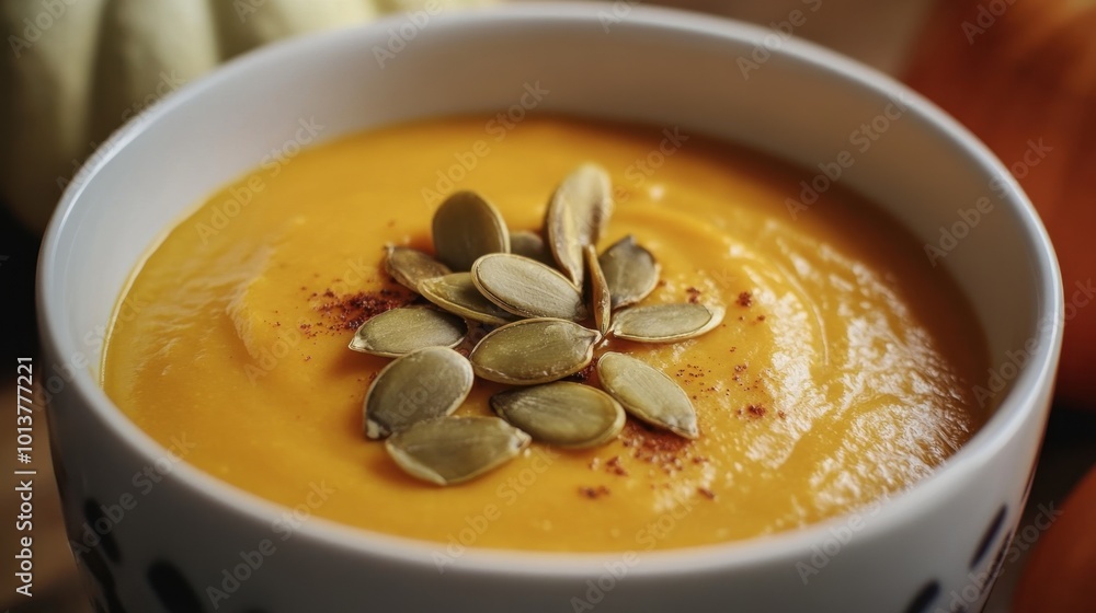 Creamy pumpkin soup topped with roasted pumpkin seeds, inviting a cozy and flavorful experience perfect for fall. Creamy pumpkin soup topped with roasted pumpkin seeds, inviting a cozy and flavorful experience perfect for fall.