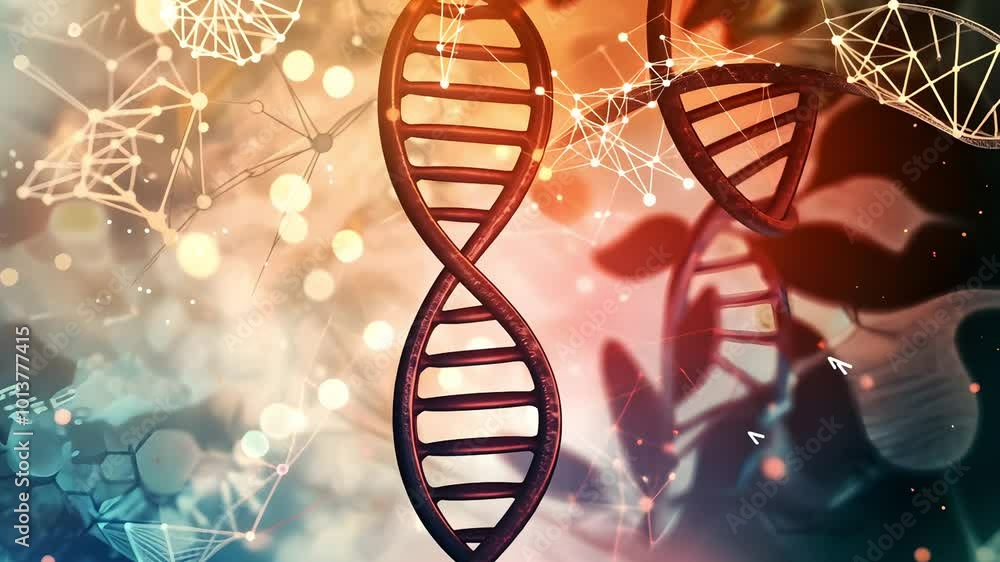 A vibrant representation of a double helix DNA strand surrounded by abstract connections and glowing particles evoking themes of science and genetics