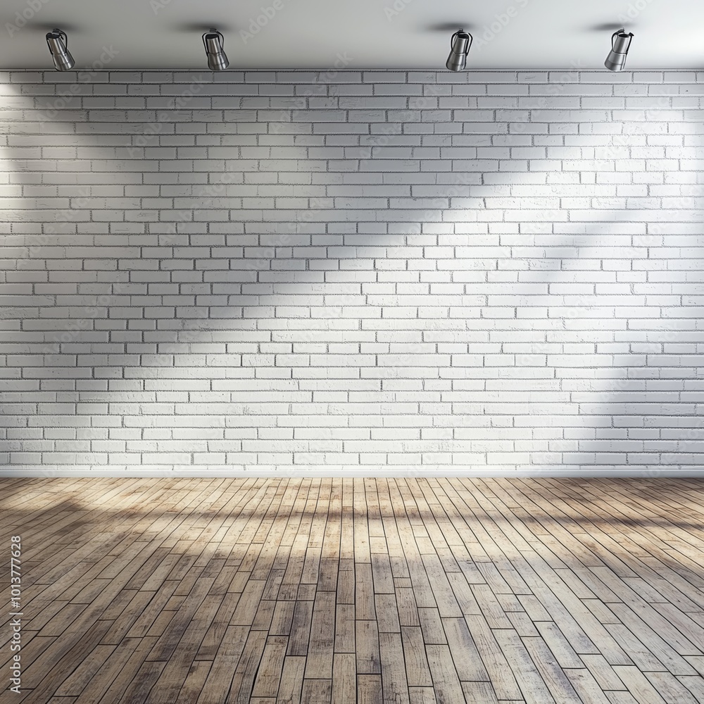 Fototapeta premium Empty Room with White Brick Wall and Wooden Floor