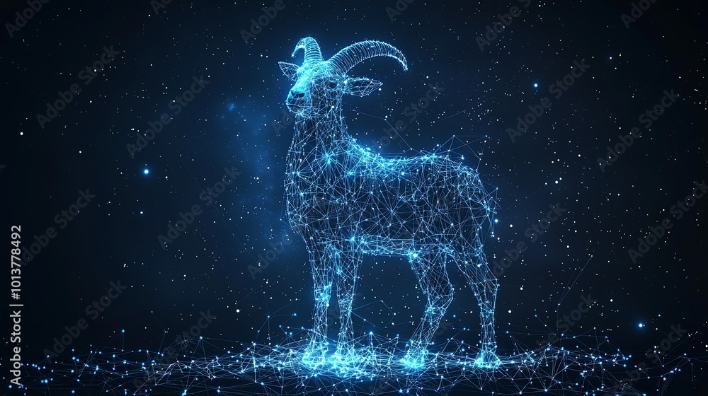 A majestic goat is depicted as a constellation in the night sky, with glowing blue stars forming its intricate shape, symbolizing cosmic majesty and mythic grace. A majestic goat is depicted as a constellation in the night sky, with glowing blue stars forming its intricate shape, symbolizing cosmic majesty and mythic grace.