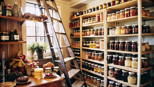 A well-stocked pantry with shelves full of jars of preserved food, a ladder, and a window letting in natural light.