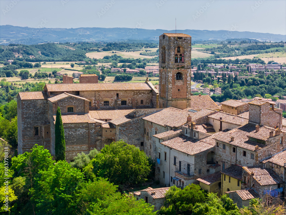 Fototapeta premium Aerial view of Colle di Val d'Elsa Cathedral and houses of the upper town, Colle Val d'Elsa, Siena province, Italy