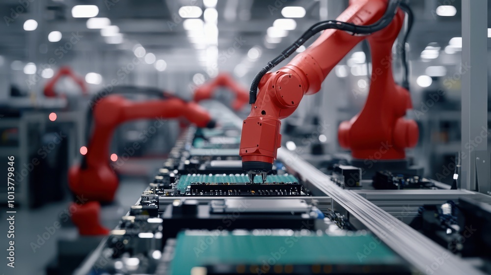 Fototapeta premium A factory assembly line with robotic arms assembling electronic devices, robotic assembly, automated production