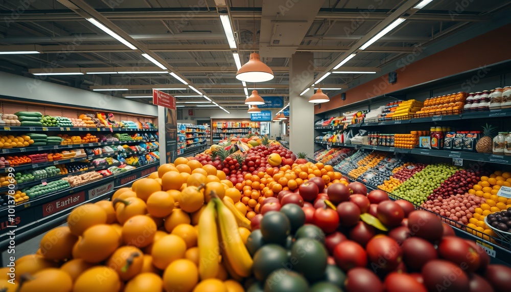 A fruit section in a supermarket, grocery shop. Variety of fruits for sale A fruit section in a supermarket, grocery shop. Variety of fruits for sale