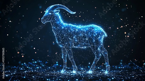 This image showcases a luminous digital goat within a galaxy-themed landscape, emphasizing abstract beauty with technological artistry under a star-clad sky. photo