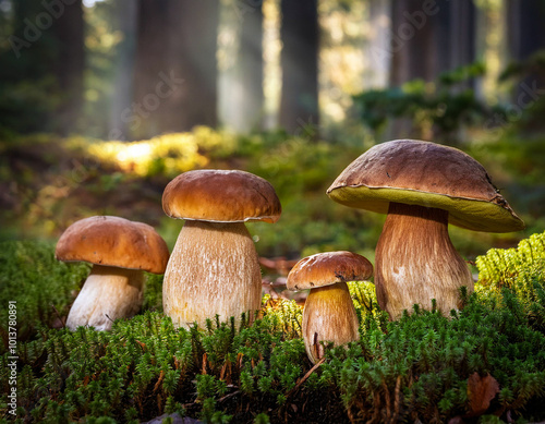 Many Boletus mushrooms on the ground in the forest