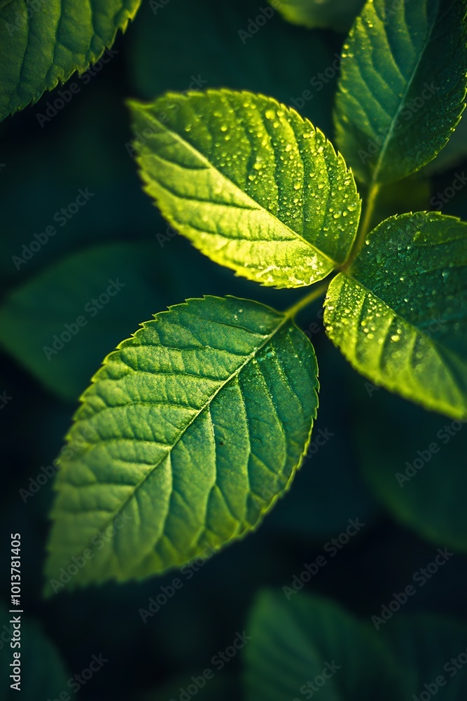 Close up of green leaves with water droplets, nature background, fresh green, vibrant nature, organic, natural, greenery Close up of green leaves with water droplets, nature background, fresh green, vibrant nature, organic, natural, greenery