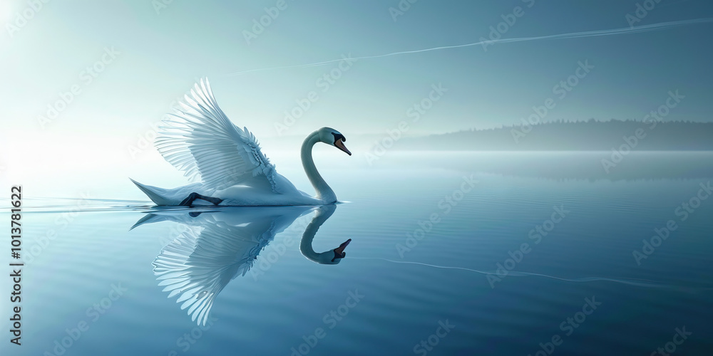 A graceful swan gliding across a calm lake, its pure white feathers reflecting the cool blue of the water. A graceful swan gliding across a calm lake, its pure white feathers reflecting the cool blue of the water.