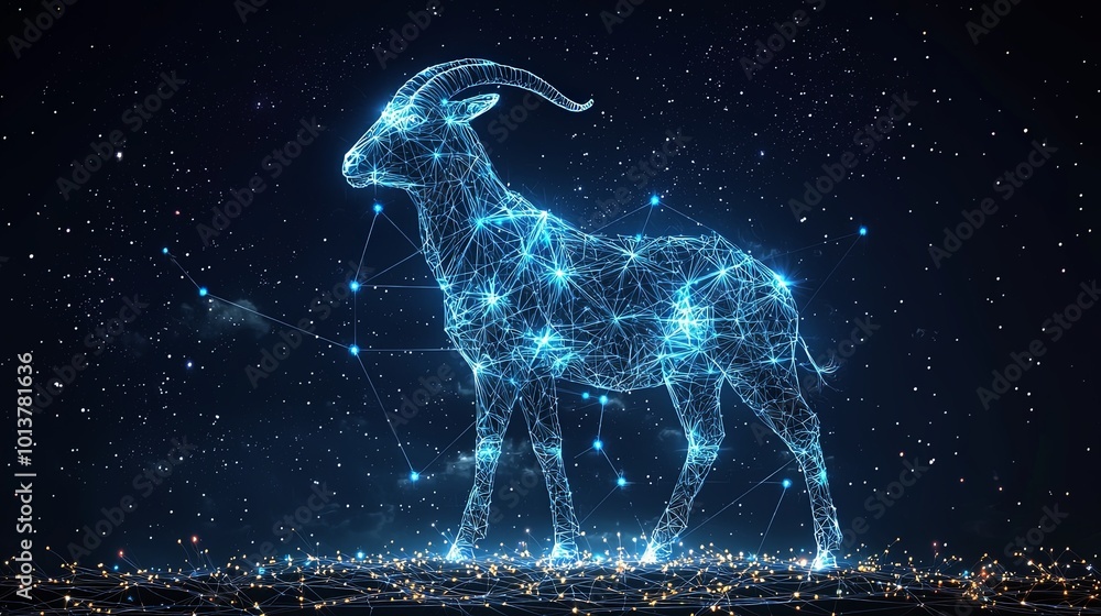 An enchanting celestial depiction of a goat created through a blue-light constellation, evoking mystic themes and a sense of ethereal wonder in a starry universe setting. An enchanting celestial depiction of a goat created through a blue-light constellation, evoking mystic themes and a sense of ethereal wonder in a starry universe setting.
