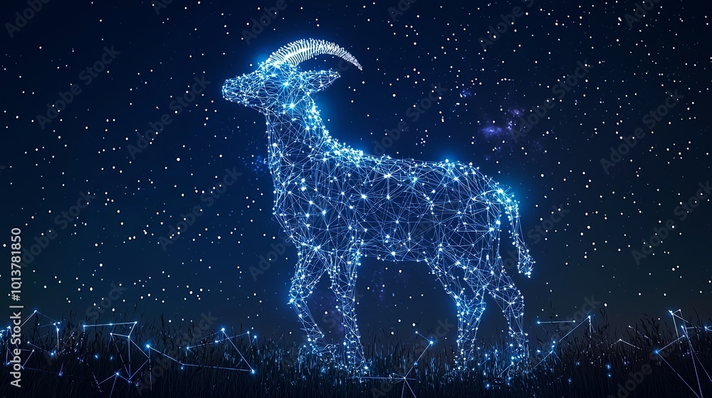 An elegant image of a star-constructed goat, depicted under a night sky, using light to symbolize guidance and inspiration, while evoking serene artistic emotion.