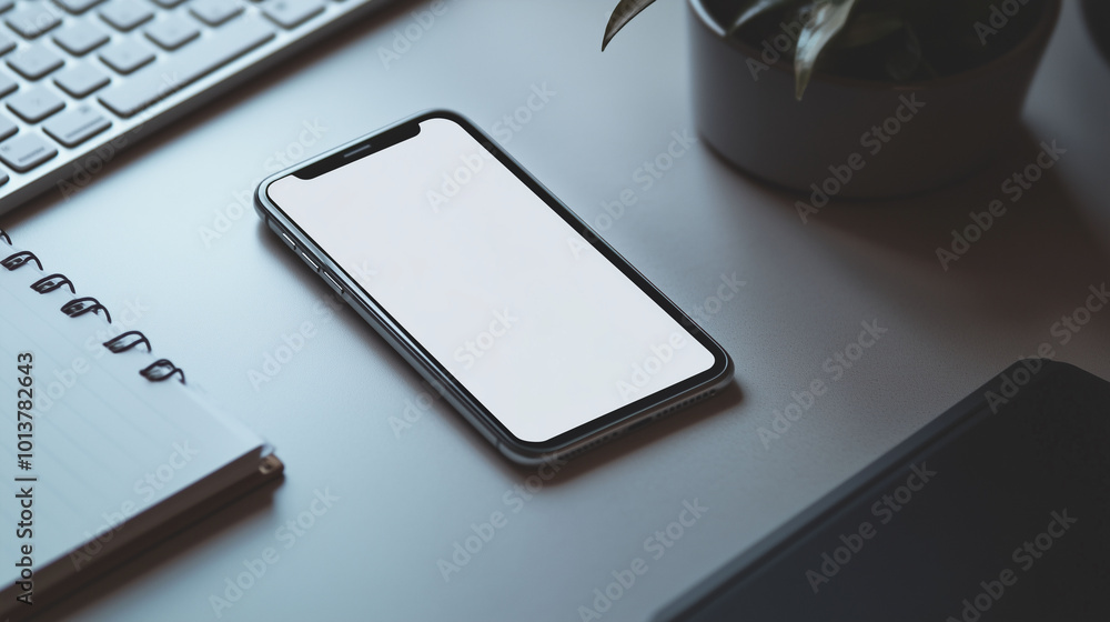A mobile phone lying on a desk next to a keyboard and notebook, with the blank white screen standing out in a minimalist office environment.