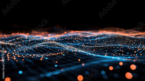 Abstract neon futuristic digital wallpaper with flow mesh wave with orange and blue bokeh dots on black background. depicting: future technology, cloud storage, cyberspace and cybersecurity concepts