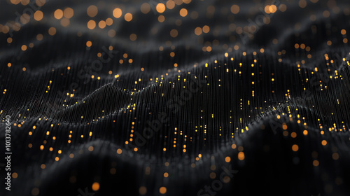 Abstract neon futuristic digital wallpaper with flow mesh wave with yellow bokeh dots on black background. depicting: future technology, cloud storage, cyberspace and cybersecurity concepts