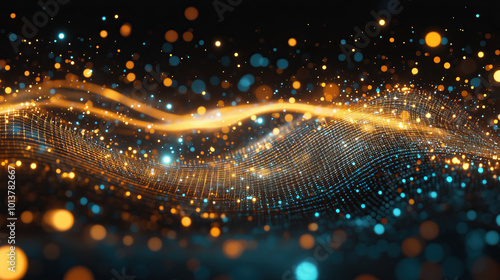 Abstract neon futuristic digital wallpaper with flow mesh wave with golden and blue bokeh dots on black background. depicting: future technology, cloud storage, cyberspace and cybersecurity concepts