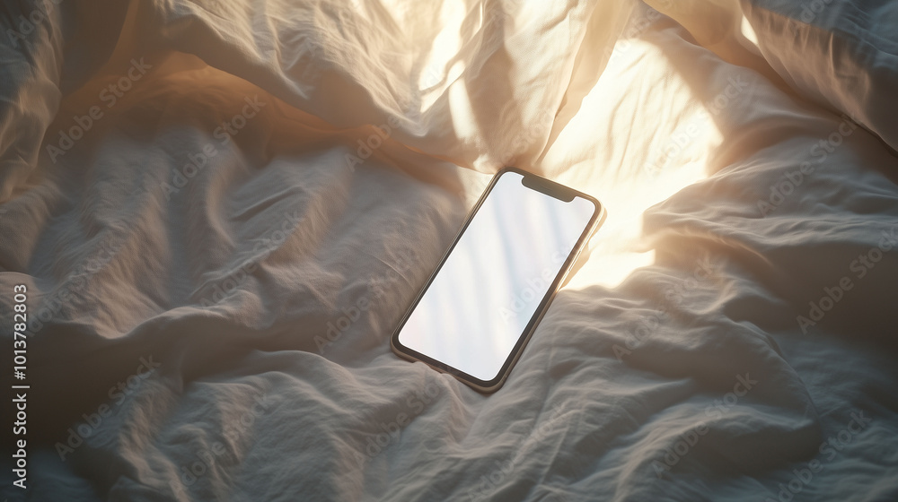 A mobile phone lying on a bed with soft white linens, showing a blank white screen, with warm morning light pouring in through a window, creating a cozy, serene environment