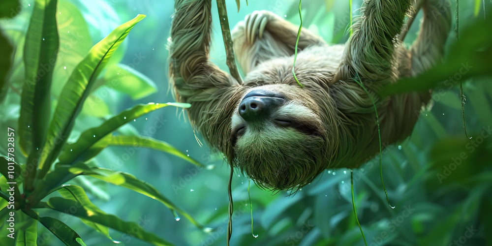 A sleepy sloth hanging upside down from a branch, its fur blending into the verdant green forest canopy. A sleepy sloth hanging upside down from a branch, its fur blending into the verdant green forest canopy.
