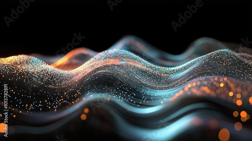 Abstract neon futuristic digital wallpaper with flow mesh wave with orange and blue bokeh dots on black background. depicting: future technology, cloud storage, cyberspace and cybersecurity concepts