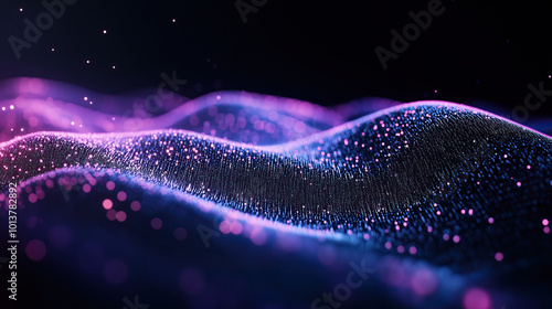 Abstract neon futuristic digital wallpaper with flow mesh wave with orange purple dots on black background. depicting: future technology, cloud storage, cyberspace and cybersecurity concepts