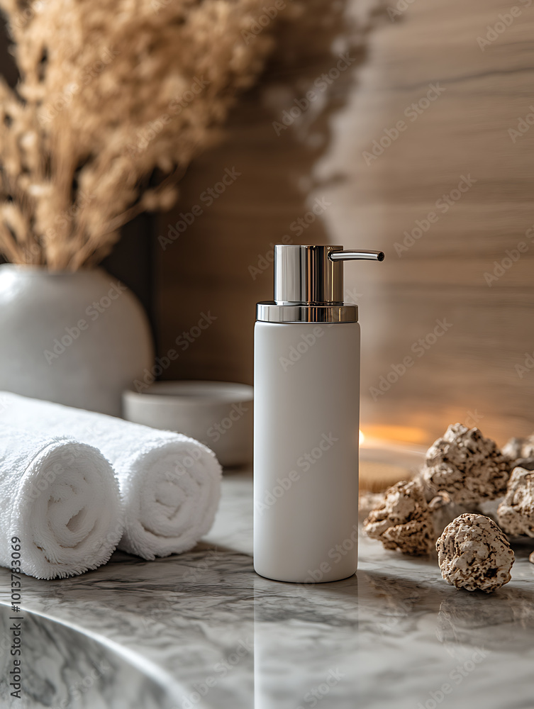 A white ceramic soap dispenser with a silver pump sits on a marble countertop with towels and seashells in the background. A white ceramic soap dispenser with a silver pump sits on a marble countertop with towels and seashells in the background.