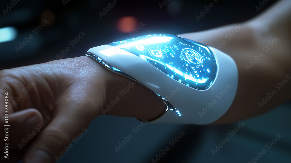 A futuristic hormonal health device on elderly skin, ergonomic and sleek with minimalist 3D interface icons, realistic lighting, close-up shot